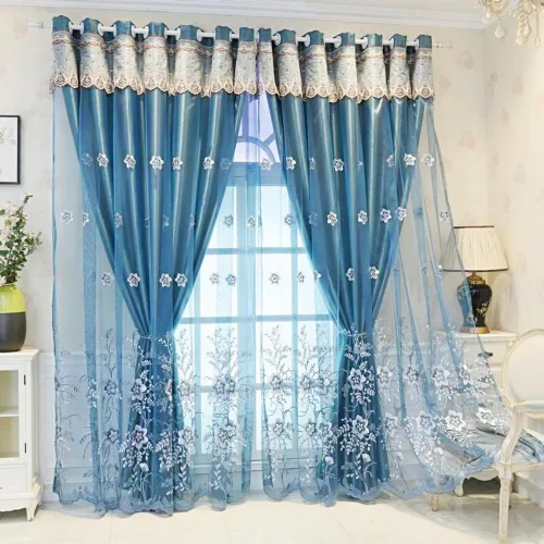 Vista 18 de Amidoudou 1 par de cortinas europeas de doble capa para sala de estar, dormitorio, cortinas bordadas de flores de lujo con cenefa