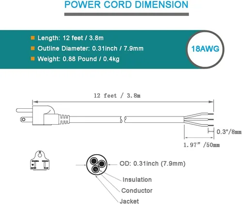 Vista 5 de Cable de alimentación de 12 pies 18 AWG Pigtail de 3 clavijas de extremo abierto de cableado SJT Cable de alimentación de repuesto resistente NEMA