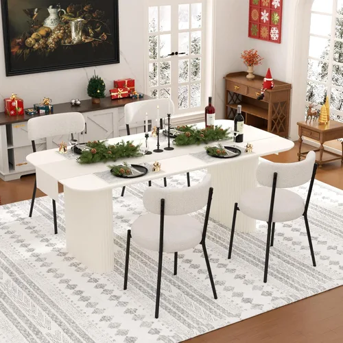 Vista 18 de Juego de mesa de comedor ovalada negra moderna de 70.9 pulgadas para 4, mesa de cocina rectangular estilo crema con sillas negras Boucle, juego