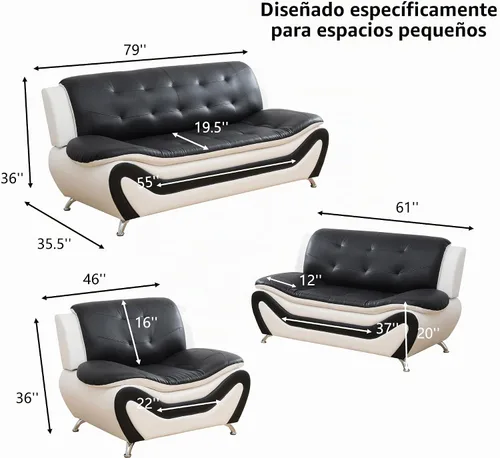 Vista 2 de Juego de sofá de cuero para sala de estar, juego de muebles de sala de estar de 3 piezas, juego de sofá moderno con sofá de 3 plazas, sofá biplaza