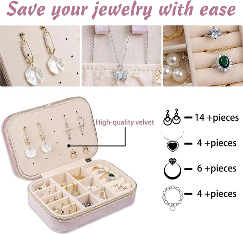 Vista 4 de Zotemo Joyero de viaje, estuche organizador de joyas de terciopelo de felpa para mujeres y niñas, accesorio de viaje portátil, caja