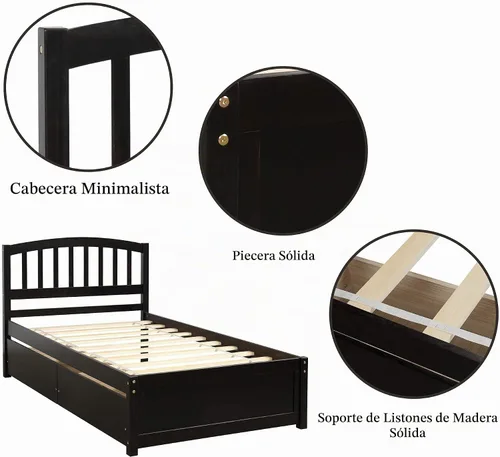 Vista 6 de Harper & Bright Designs Cama de plataforma de madera tamaño individual con cajones de almacenamiento para ahorrar espacio, marco de cama vintage
