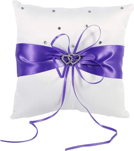Vista 9 de Tyenaza Almohada portadora de anillo, almohada de anillo de boda de 7.8 pulgadas, soporte para anillo azul real, cojín de doble corazón