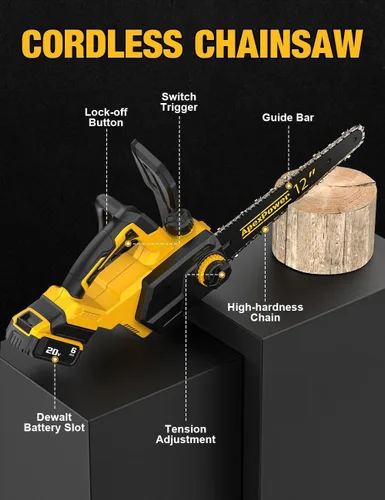 Vista 8 de APEXPOWER Motosierra eléctrica sin escobillas de 12 pulgadas, inalámbrica, para batería Dewalt de 20 V, motosierra compacta con corte potente