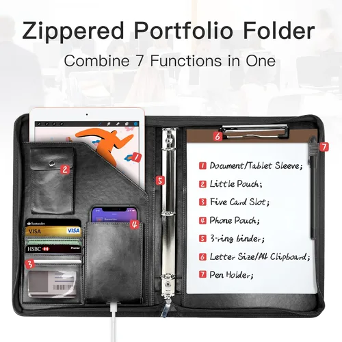 Vista 2 de Organizador de Portafolio con Cremallera, WRIYES Portafolio de Cuero con Carpeta de 3 Anillas, Carpeta Profesional de Negocios, Organizador
