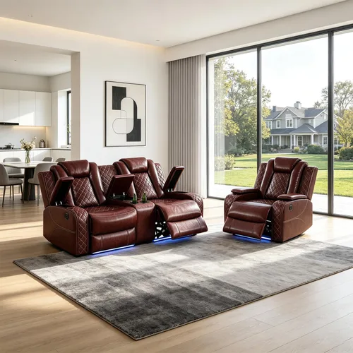 Vista 28 de Juego de sofá modular reclinable eléctrico con luz LED, juego de sofá modular reclinable de cuero, incluye sillón reclinable individual, juego