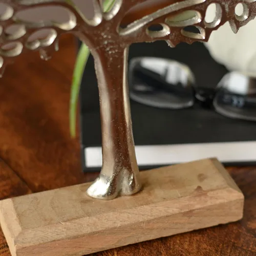 Vista 8 de WHW Whole House Worlds Figura icónica del árbol de la vida, hecha a mano, aluminio plateado, base de madera de mango, 9.75 pulgadas