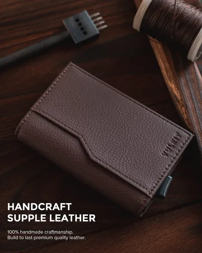 Vista 4 de VULKIT Tarjetero con ventana de identificación tarjetas emergentes cartera delgada de cuero con protección RFID hasta 12 tarjetas Marrón oscuro