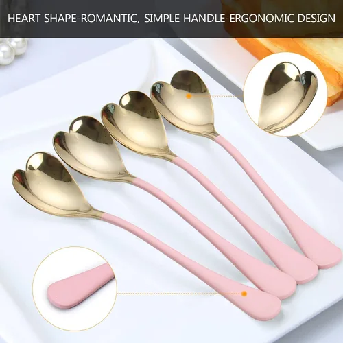 Vista 3 de 4 cucharas de postre, 6.7 pulgadas, en forma de corazón rosa, cucharas de helado de acero inoxidable 18/10