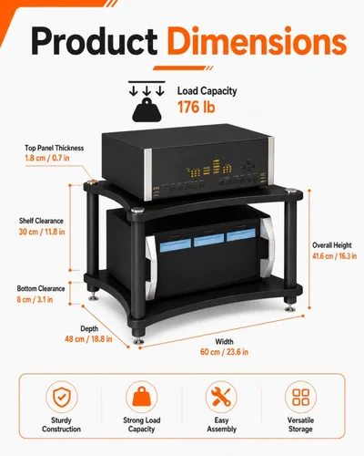 Vista 2 de Soporte para medios AV de 2 niveles, capacidad de carga de 176 libras, color negro anti-vibration feet that help reduce resonance for clearer