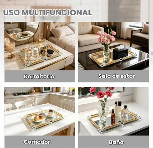 Vista 7 de Bandeja de cristal dorado, 11.8 x 7.9 pulgadas, bandeja decorativa de cristal para exhibición de perfumes cosméticos para una hermosa encimera