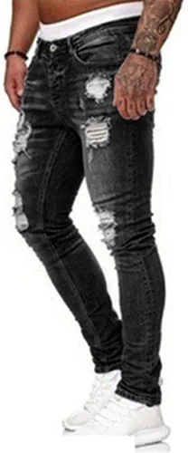 Vista 2 de HUNGSON Pantalones de mezclilla ajustados para hombre, elásticos, rasgados, rasgados, con rayas laterales