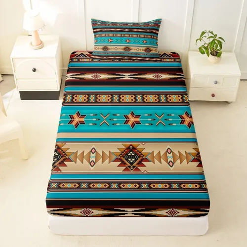 Vista 49 de Juego de ropa de cama de estilo bohemio occidental, tamaño individual, diseño de vaca atrapasueños, sábana bajera ajustable del suroeste, tribu
