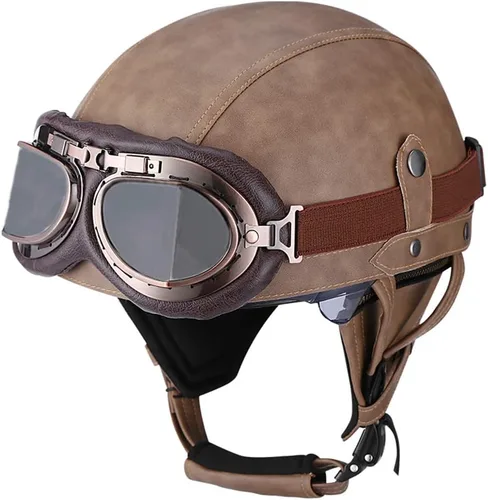 Vista 6 de Casco retro de cuero vintage para motocicleta, para hombres y mujeres, adultos, para scooter, bicicleta, crucero, con gafas y lente solar