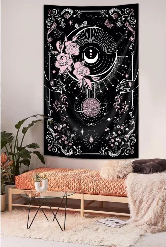 Vista 7 de Riyidecor Tapiz vertical de mujer misteriosa de fase lunar, bohemio, pequeño, gótico, para colgar en la pared, plantas florales, hojas estrelladas