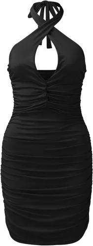Vista 5 de Womens A Line Dress Solid Sexy Halter Neck Club Sleeveless Ruched Mini Dress Sleeveless Dresses