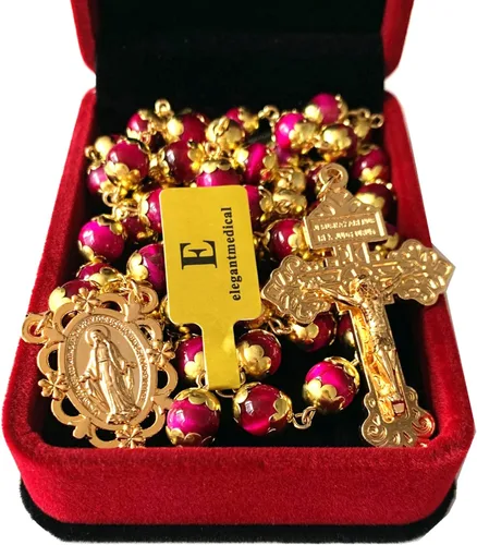 Vista 2 de elegantmedical Collar de cuentas de oración de ojo de tigre hecho a mano, rosario católico, crucifijo dorado, caja de regalo, Italia