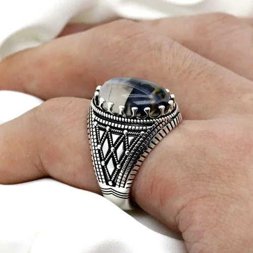 Vista 5 de Anillo de plata de ley 925 maciza para hombre, piedra de ónix oceánico, anillo punk de alta joyería estilo turco
