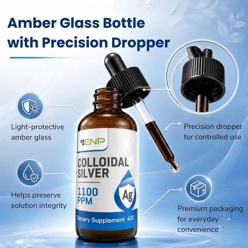 Vista 4 de Líquido de plata coloidal 1100 ppm - Suplemento mineral de alta potencia para apoyo inmunológico - Botella de vidrio ámbar con cuentagotas - 4 oz