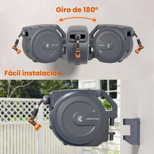 Vista 6 de Giraffe Tools AW30 Carrete de manguera de jardín montado en la pared de 1/2 pulgada x 100 pies, carrete de manguera de agua retráctil, rebobinado