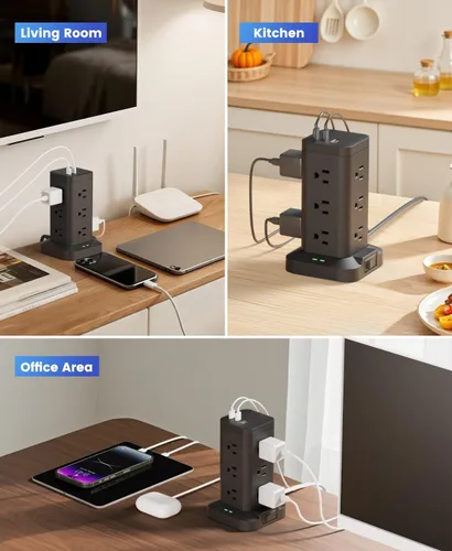 Vista 8 de Torre de regleta de alimentación con protector de sobretensiones de 1800J, torre de carga rápida PD20W puertos USB-C con 12 salidas de CA, cable