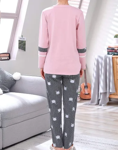 Vista 2 de Vopmocld Conjunto de pijama de gatos lindos para niñas grandes, 2 piezas, ropa de dormir de algodón para invierno