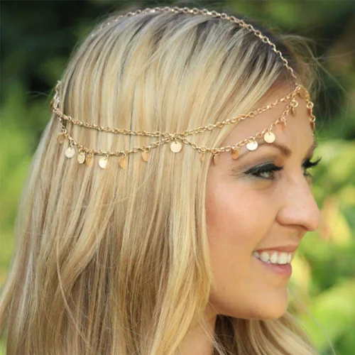 Vista 2 de Diadema dorada con lentejuelas y diamantes de imitación, bandas de pelo bohemias de cristal para Halloween, aro para el pelo para mujer, para novia