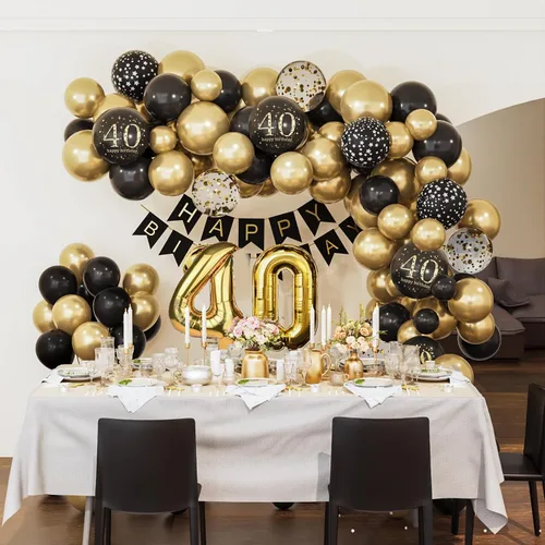 Vista 3 de Decoraciones de 40 cumpleaños para hombres y mujeres, globos de cumpleaños de 40 años negros y dorados para fiesta con pancarta de feliz 40