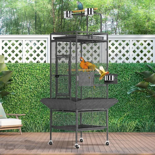 Vista 6 de Jaula para pájaros de 61 pulgadas con parte superior de juego, jaula para pájaros extra grande con perchas de madera, alimentador para periquitos