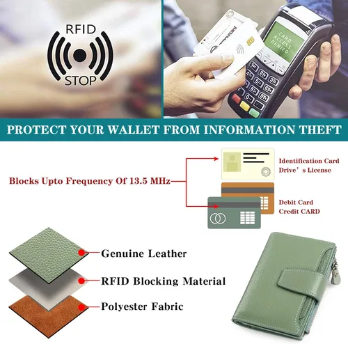 Vista 6 de FALAN MULE - Cartera de cuero auténtico para mujer, pequeña plegable , compacta, con interferencia de radiofrecuencia (RFID)