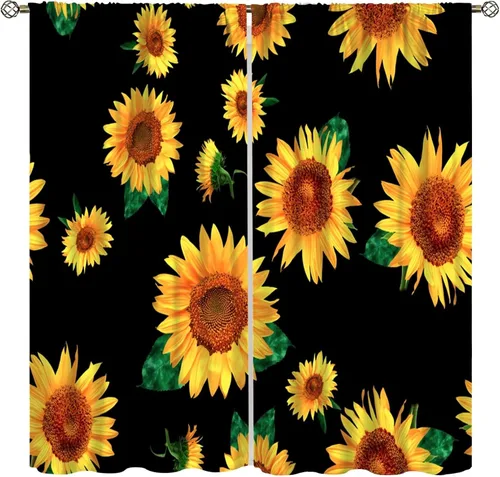 Vista 27 de Sunflower Curtains for Living Room Bedroom, Spring Nature Blue Sky and Butterfly Window Drapes, Rustic Wooden Fence Floral Botanical Decor, 2 Panels