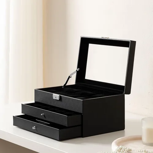 Vista 3 de Oyydecor Joyero caja de reloj de piel sintética organizador de almacenamiento de madera para almacenamiento y exhibición regalos de negocios