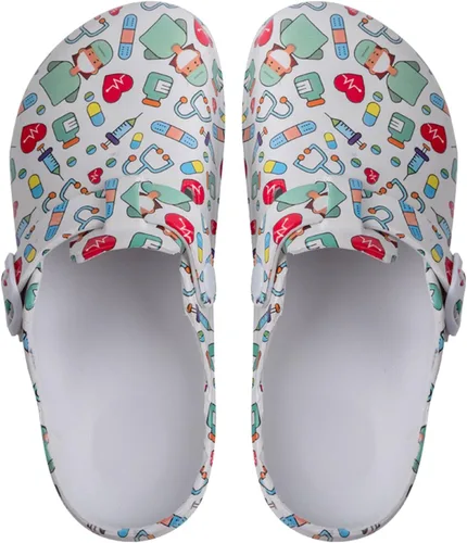 Vista 12 de Zuecos de jardín para mujer, zapatos cómodos de EVA sin cordones, bonitos zuecos impermeables impresos para enfermeras, hogar, exteriores, cocina