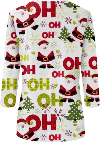 Vista 3 de Camisetas de Navidad más propensas a la moda, casual, cuello redondo, manga 34, holgada, con estampado navideño, para mujer
