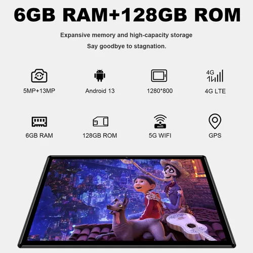 Vista 2 de Tableta Android de 10 pulgadas, Octa-Core Android 13 desbloqueada con ranura para tarjeta SIM, 128 GB ROM+6 GB RAM, cámara de 5 MP+13MP/5G WIFI