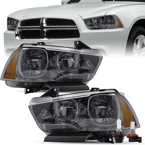Vista 7 de SOCKIR Juego de montaje de faros delanteros compatible con Dodge Charger 2011 2012 2013 2014 Faro halógeno de repuesto negro con reflector ámbar