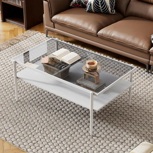 Vista 11 de Mesa auxiliar de cristal, mesa de centro de mediados de siglo de 2 niveles con parte superior de vidrio templado gris y estante de almacenamiento
