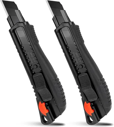 Vista 10 de HAUTMEC Cuchillo utilitario de 18 mm con agarre suave y bloqueo automático con interruptor de seguridad rojo, cortador resistente con hoja negra