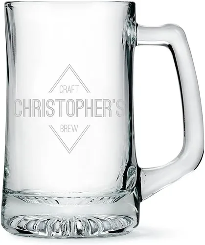 Vista 4 de WEDDINGSTAR Taza de cerveza de vidrio personalizable de 14 onzas - Grabado de emblema de diamante