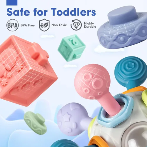 Vista 2 de Conjunto de Juguetes Sensoriales y de Dentición para Bebés, Juguetes Montessori para Bebés de 6-12 Meses, Incluye Sonajero, Mordedor para Recién