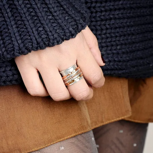 Vista 6 de Boho-Magic Anillo giratorio para mujer, plata de ley 925 con bandas de cobre y latón anchas, Metal