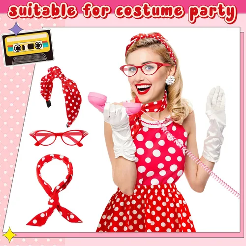 Vista 5 de Shinymoon 50s Costumes for women 1950s Vintage Outfits Polka Dot Skirt Dress Scarf Headband Sock Costume for Halloween Party