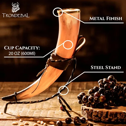 Vista 3 de Trondebal Cuerno vikingo para beber de 15 a 20 onzas con soporte de metal, taza de cuerno de buey hecha a mano para Mead, Ale, cerveza, regalo