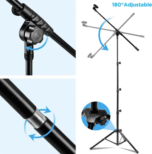 Vista 6 de Paquete de 2 soportes para micrófono, soporte de micrófono trípode Bietrun con altura de boom ajustable, con bolsa de transporte y clips