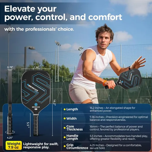 Vista 4 de Juego de 2 palas de pickleball Bravixs aprobadas por USAPA, fibra de carbono T700 en bruto, raquetas de pickleball con superficie de fricción, con 4