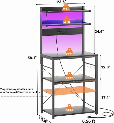 Vista 7 de Aheaplus - Estantería de cocina con toma de corriente, soporte para microondas, estación de café de 5 niveles con luces LED, estante