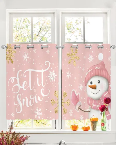 Vista 2 de Cortinas traslúcidas de muñeco de nieve rosa rubor de 39 pulgadas de largo, juego de 2 paneles de cortinas para cocina, dormitorio, sala de estar