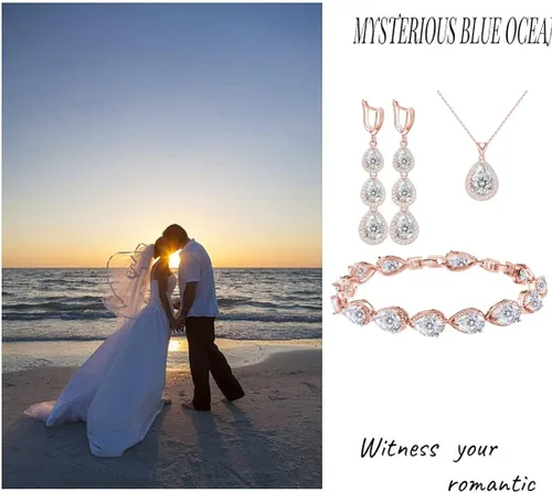 Vista 3 de LMXXVJ Juego de collar y aretes largos, chapado en oro blanco, juego de joyas de zafiro azul creado, joyería de regalo para boda, fiesta de boda
