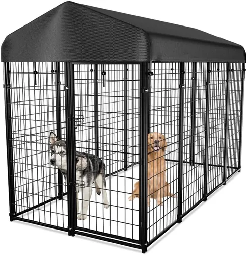 Vista 10 de Perrera exterior con techo, 4'x4'x4.5' Perrera para perros al aire libre Heavy-duty Welded Steel, UV-resistant Waterproof Cover, Secure Lock, Dog