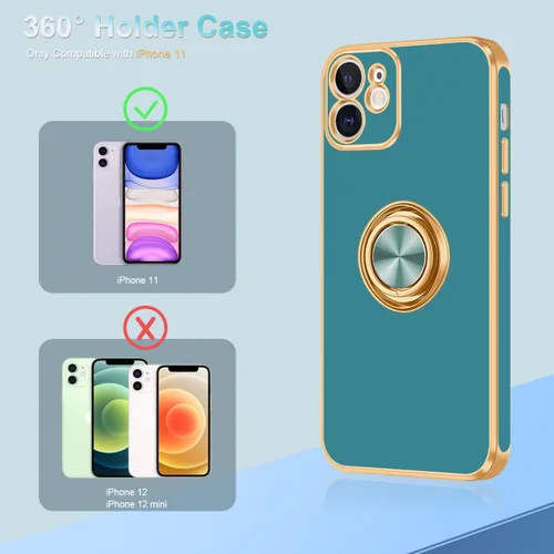 Vista 7 de Fingic Funda para iPhone 11, con soporte de anillo giratorio de 360°, soporte magnético [borde dorado chapado brillante], funda protectora delgada